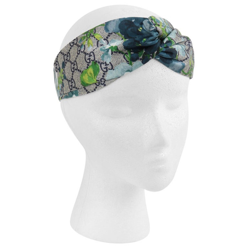 GUCCI “Blooms” Blue Gray GG Monogram Floral Knotted Silk Headband